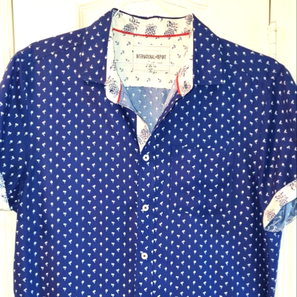 International Report Blue Palm Tree Dress Shirt